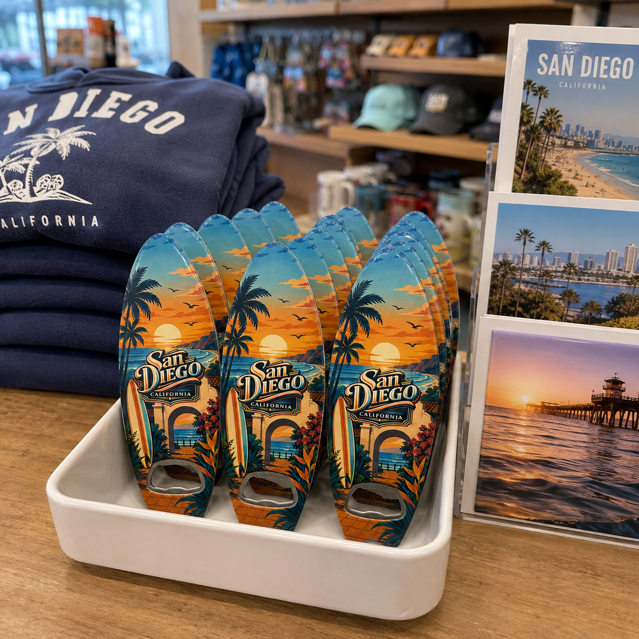 San Diego souvenir bottle opener magnet in a retail lifestyle setting
