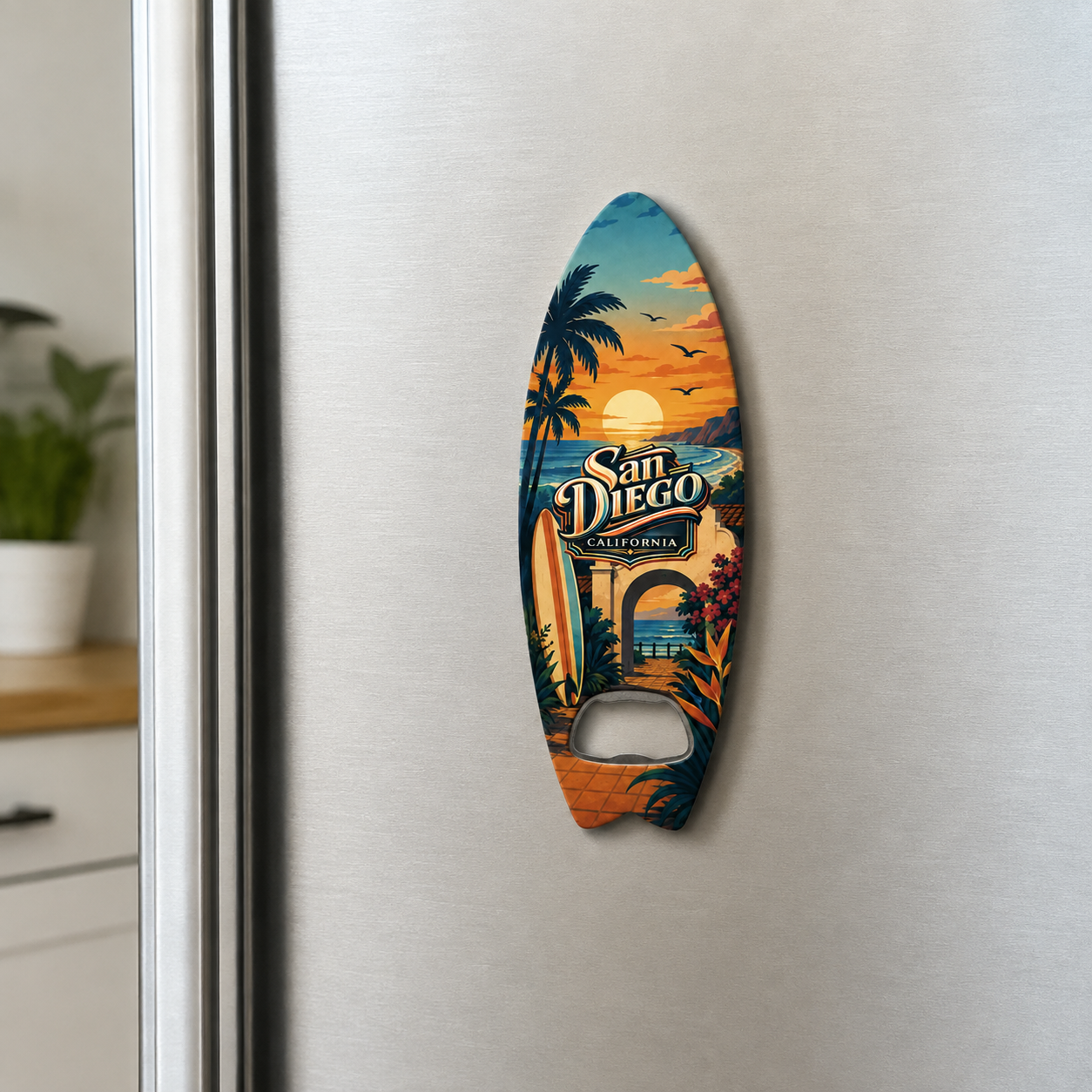 San Diego souvenir bottle opener magnet displayed on a refrigerator