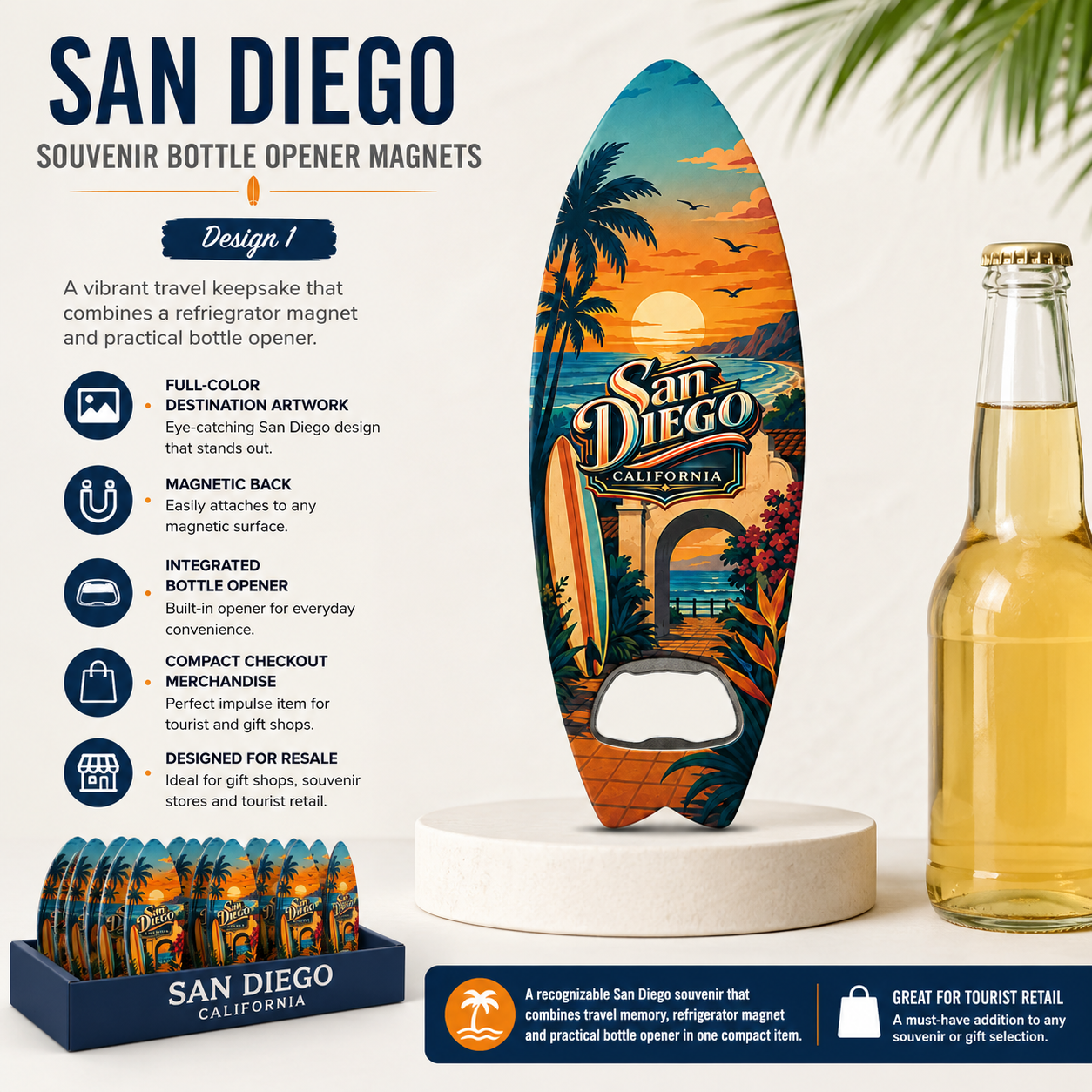 San Diego souvenir bottle opener magnet features infographic