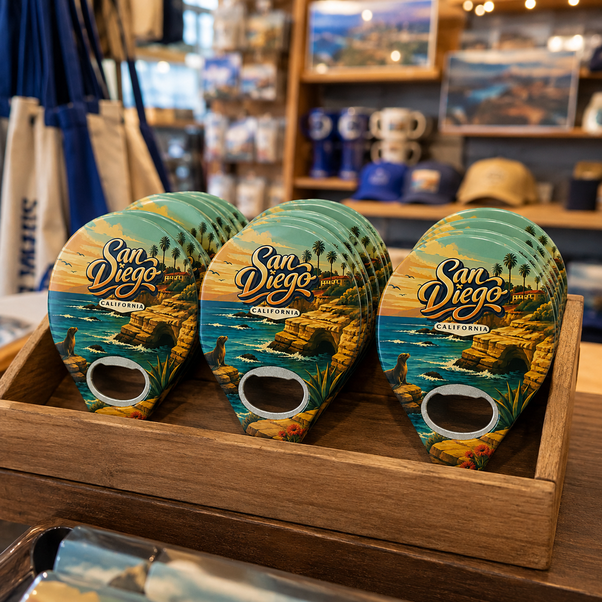 San Diego souvenir bottle opener magnet in a retail lifestyle setting