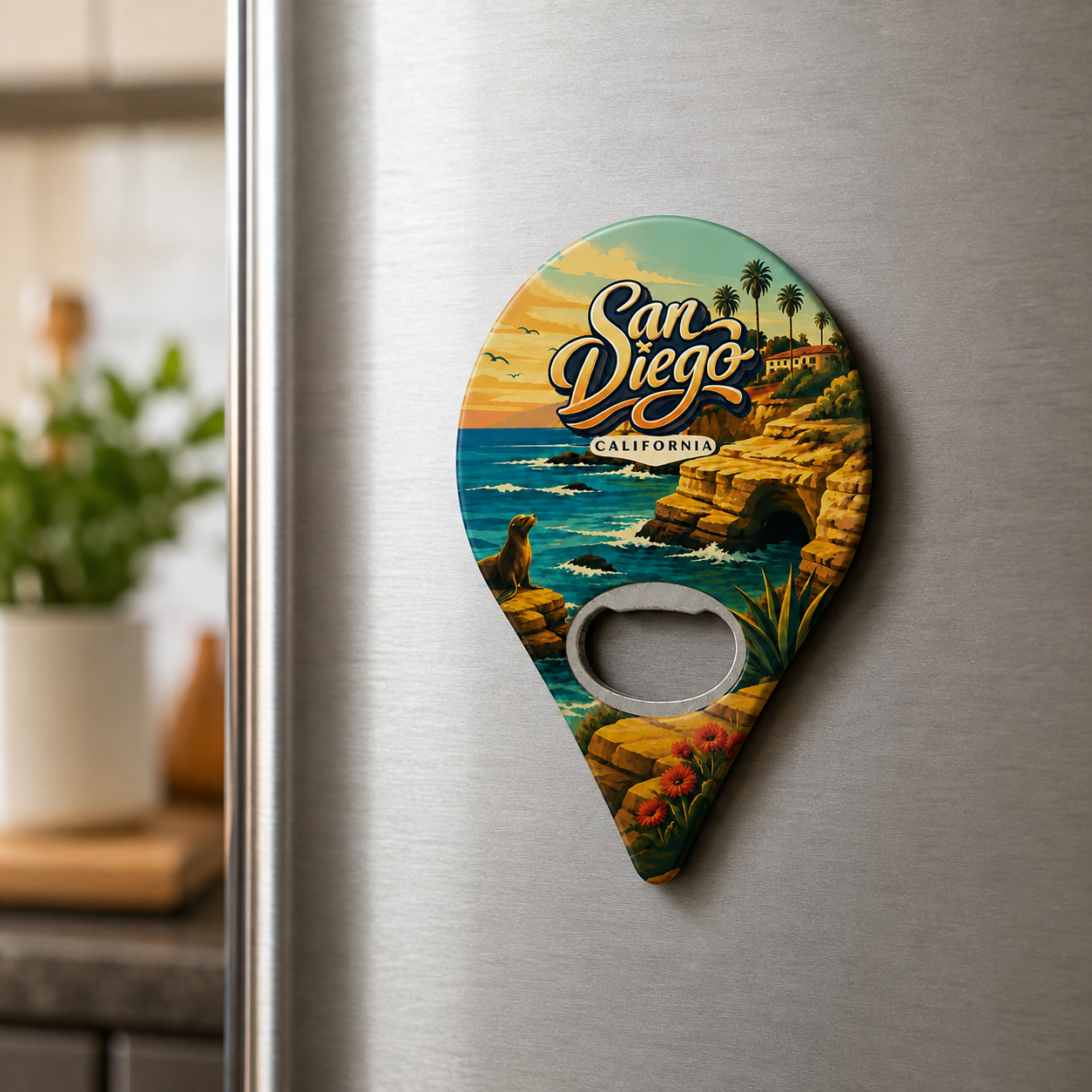 San Diego souvenir bottle opener magnet displayed on a refrigerator