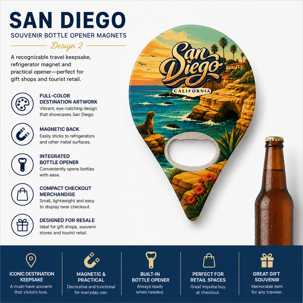 San Diego souvenir bottle opener magnet features infographic