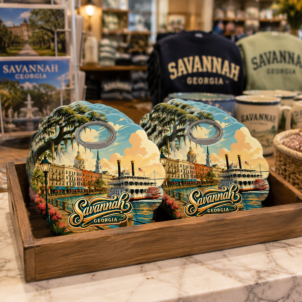 Savannah souvenir bottle opener magnet in a retail lifestyle setting