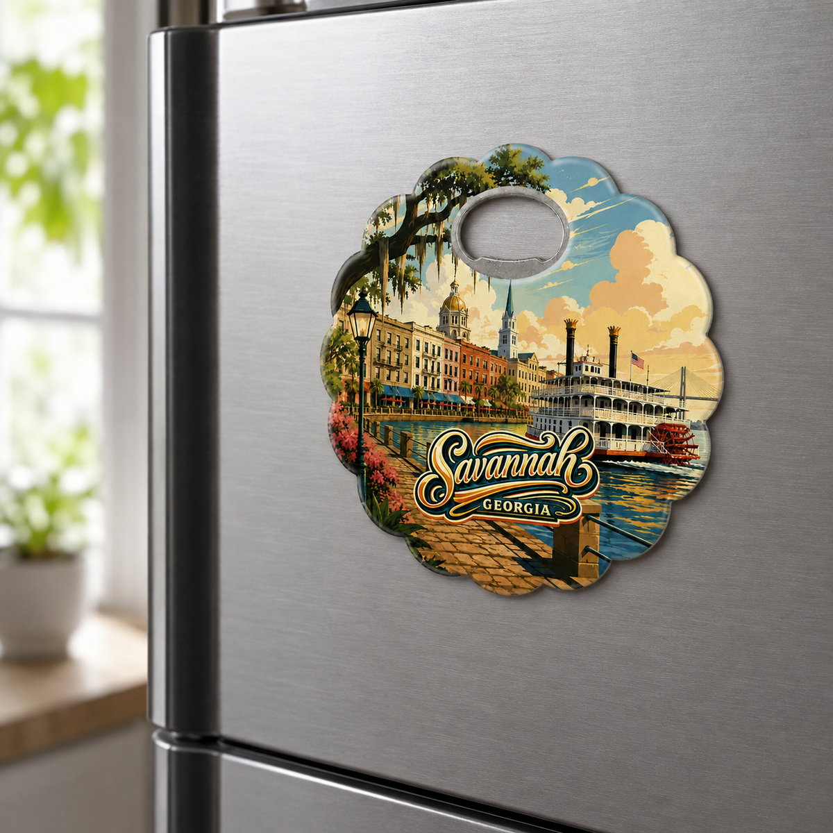 Savannah souvenir bottle opener magnet displayed on a refrigerator
