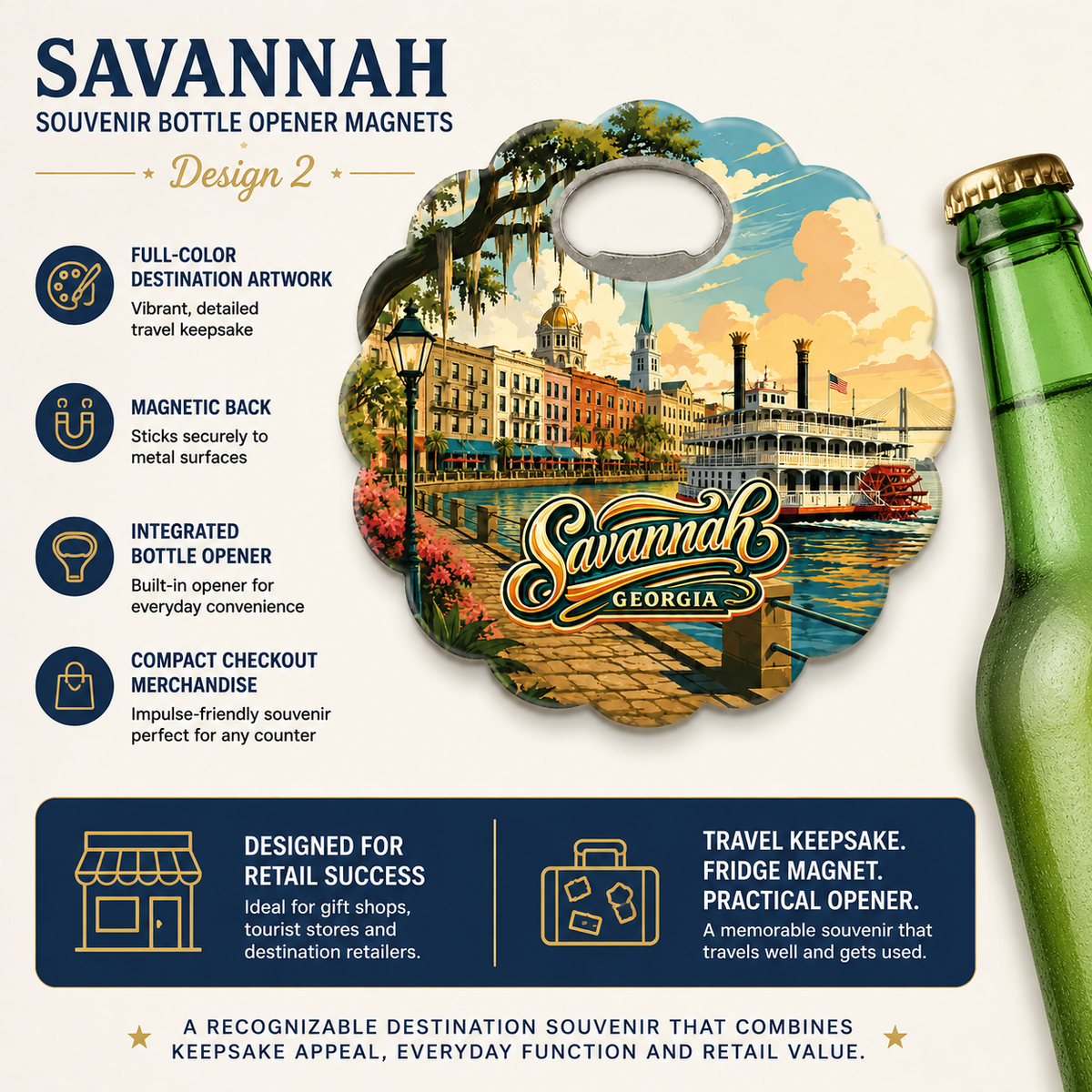 Savannah souvenir bottle opener magnet features infographic