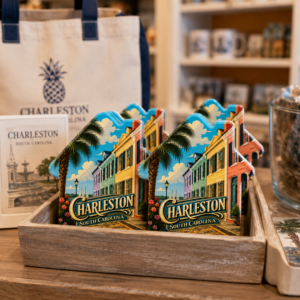 Charleston souvenir bottle opener magnet in a retail lifestyle setting