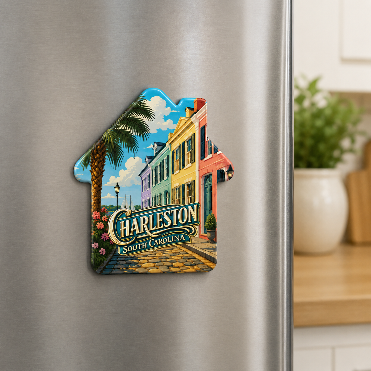 Charleston souvenir bottle opener magnet displayed on a refrigerator