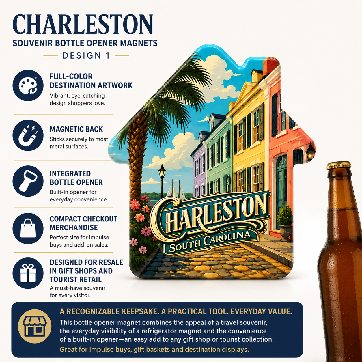 Charleston souvenir bottle opener magnet features infographic