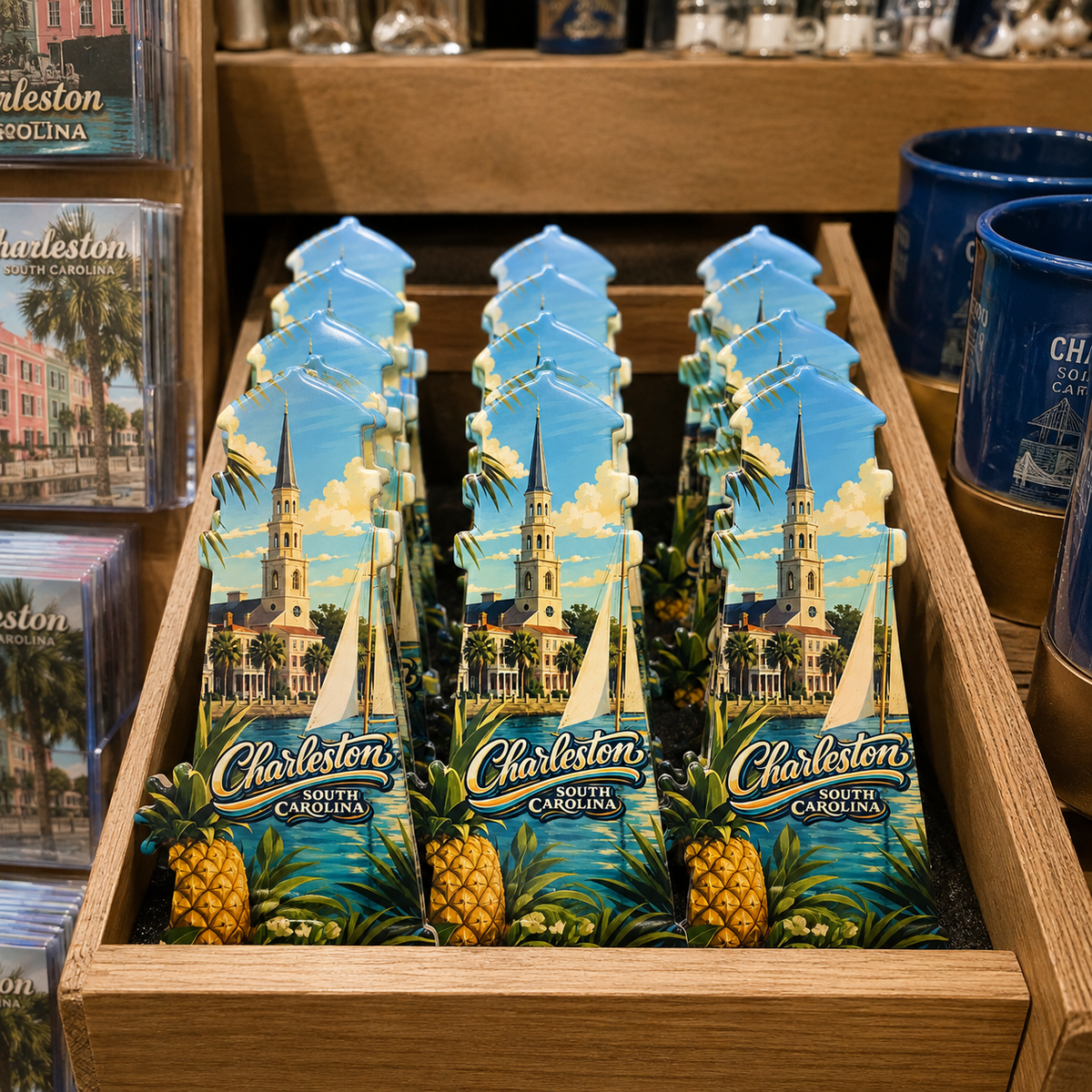 Charleston souvenir bottle opener magnet in a retail lifestyle setting