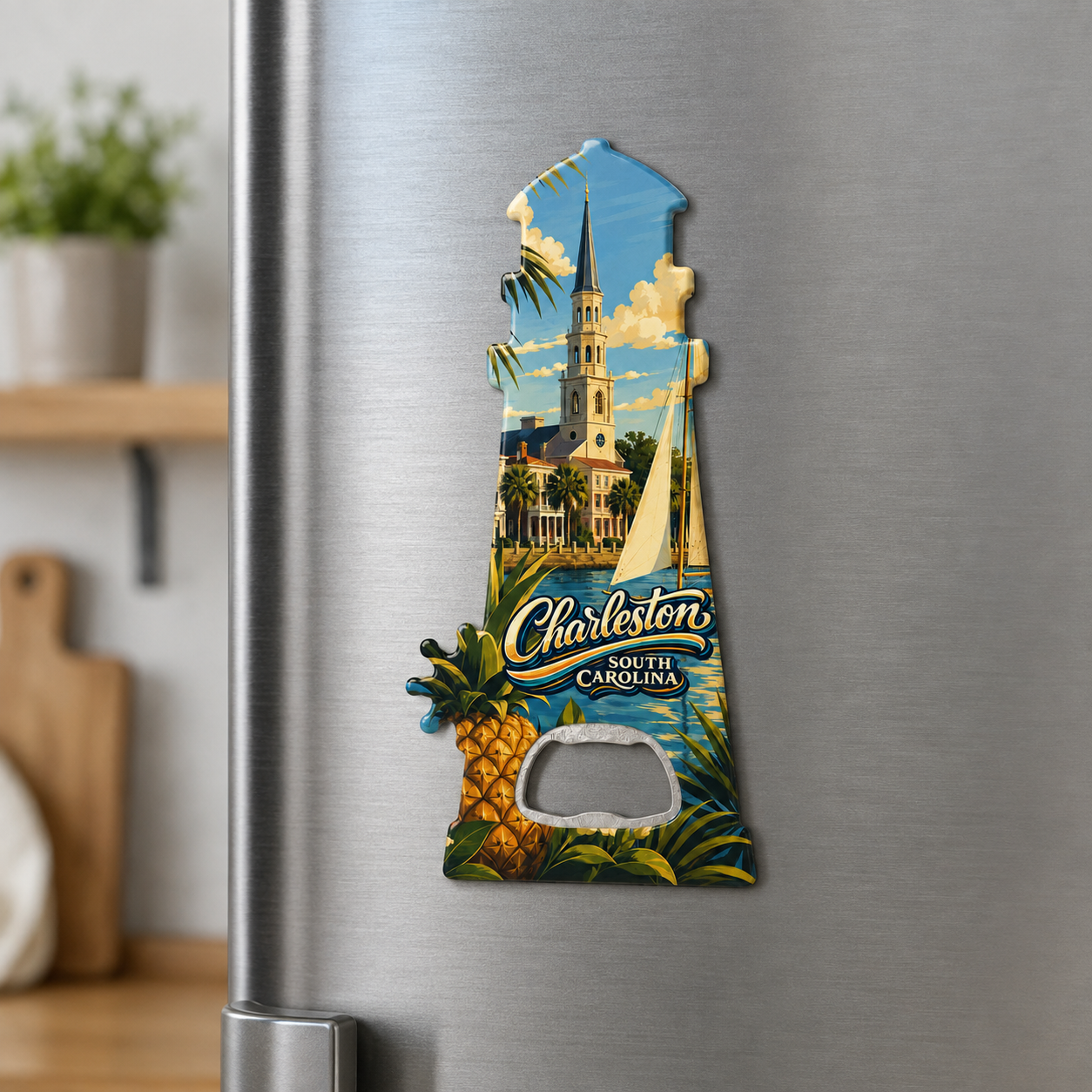 Charleston souvenir bottle opener magnet displayed on a refrigerator