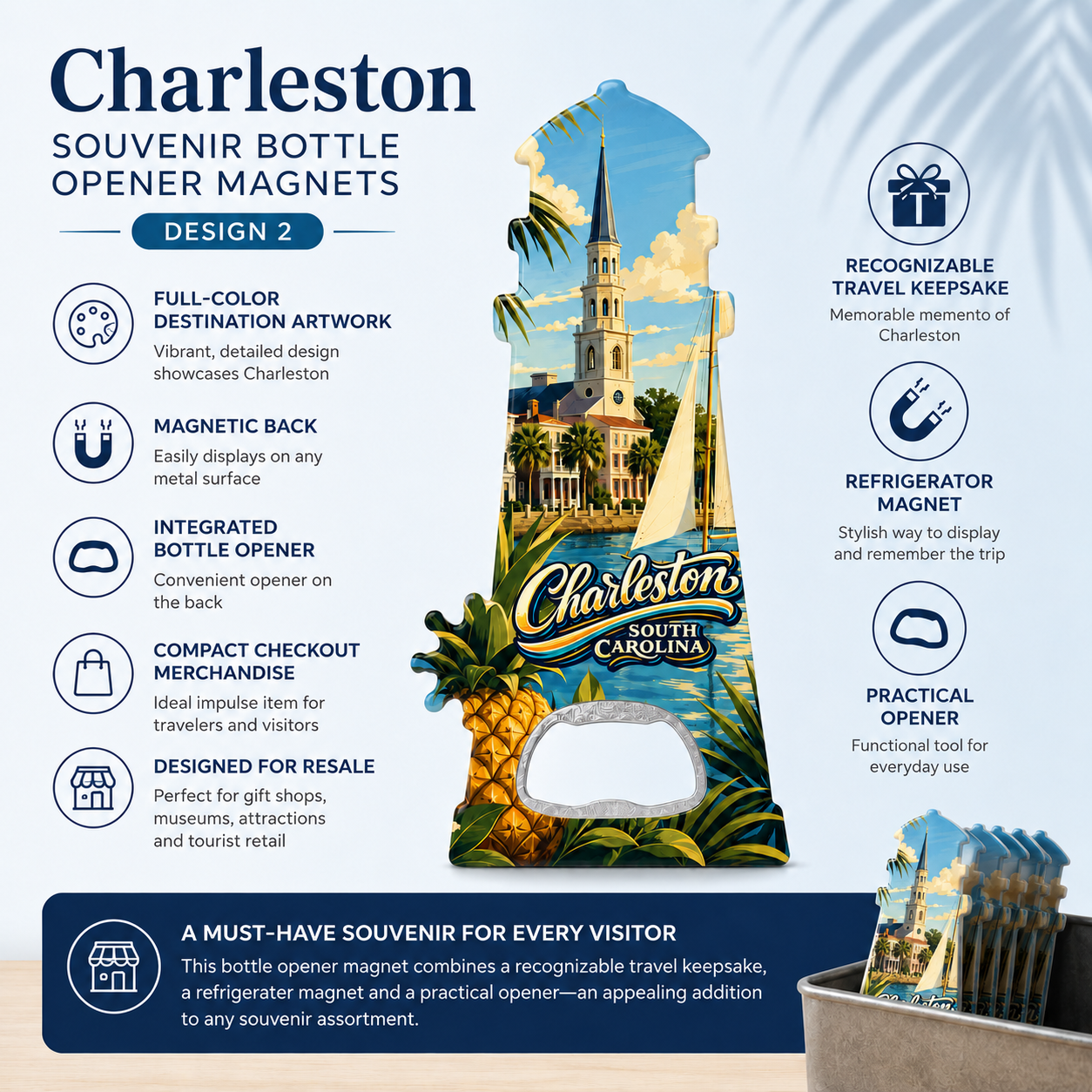 Charleston souvenir bottle opener magnet features infographic