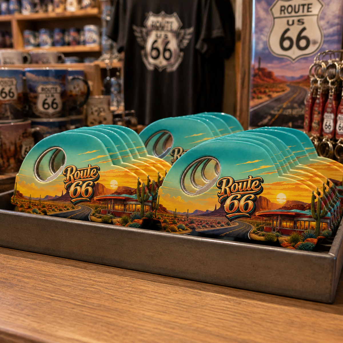 Route 66 souvenir bottle opener magnet in a retail lifestyle setting