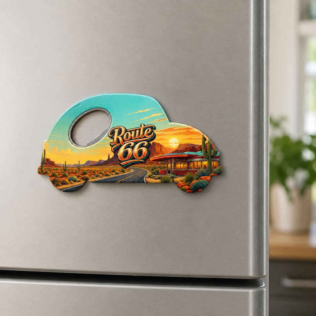 Route 66 souvenir bottle opener magnet displayed on a refrigerator
