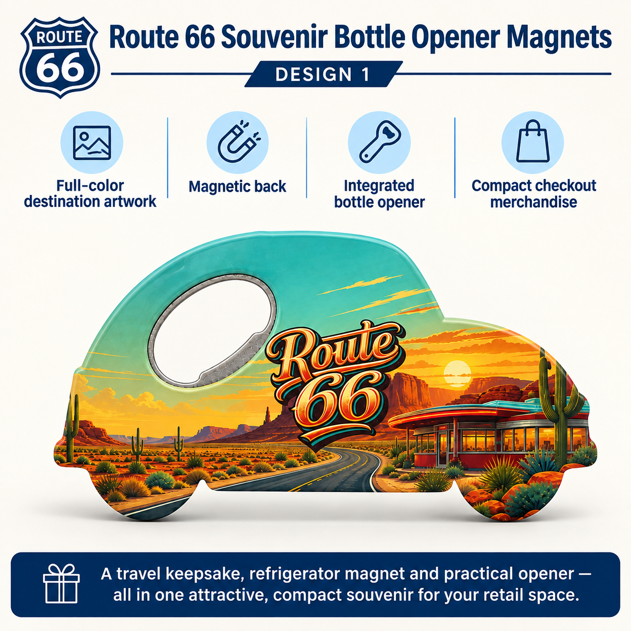 Route 66 souvenir bottle opener magnet features infographic