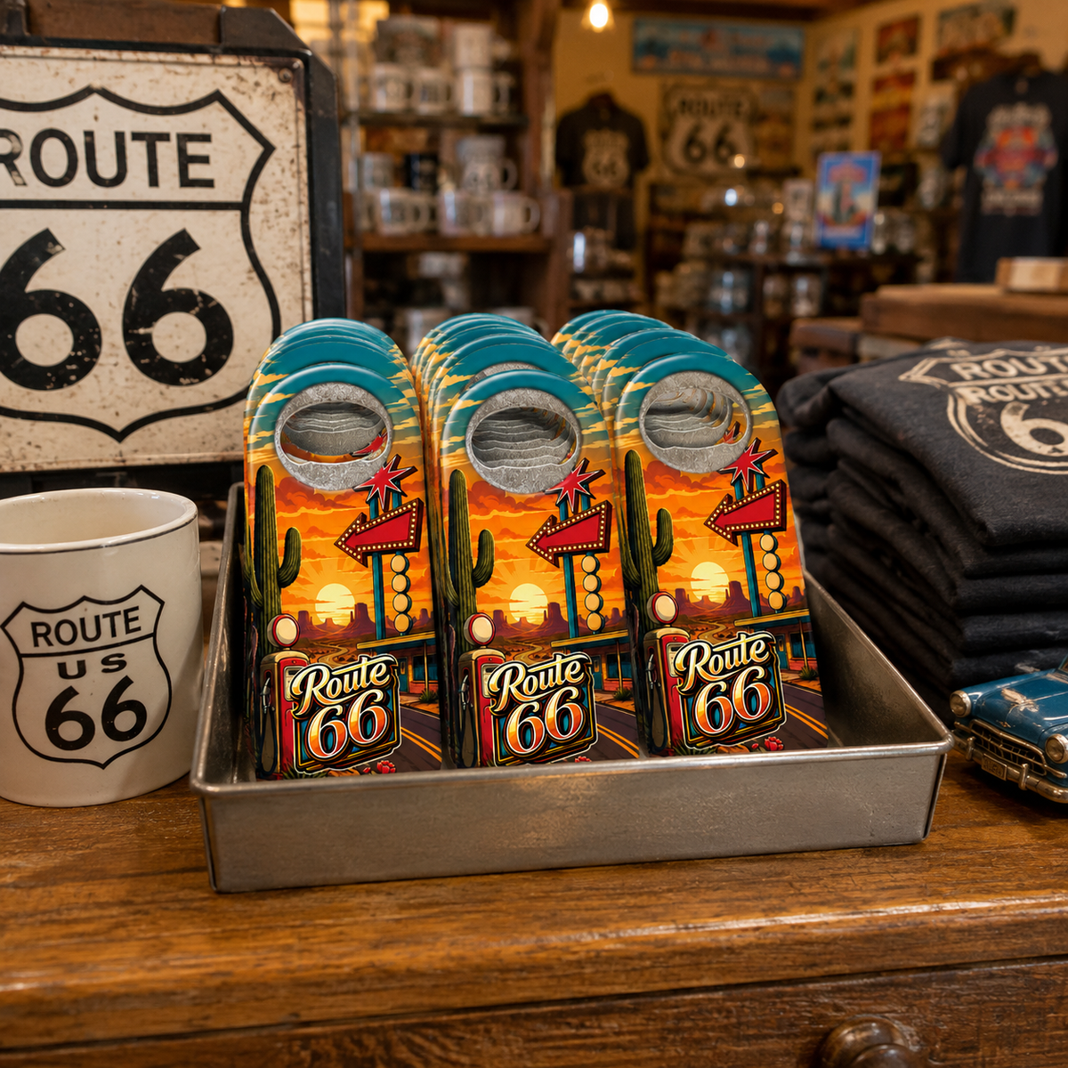 Route 66 souvenir bottle opener magnet in a retail lifestyle setting