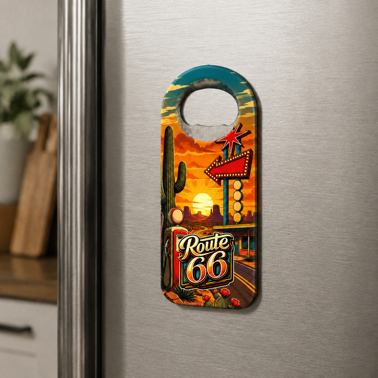 Route 66 souvenir bottle opener magnet displayed on a refrigerator
