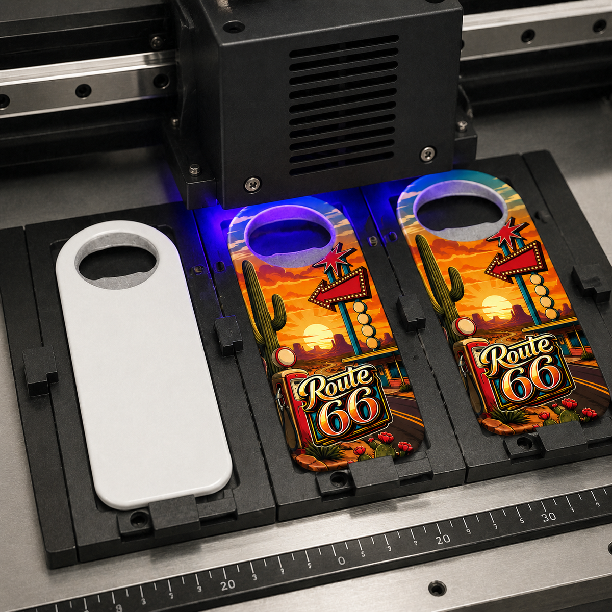 Route 66 souvenir bottle opener magnet UV printing process