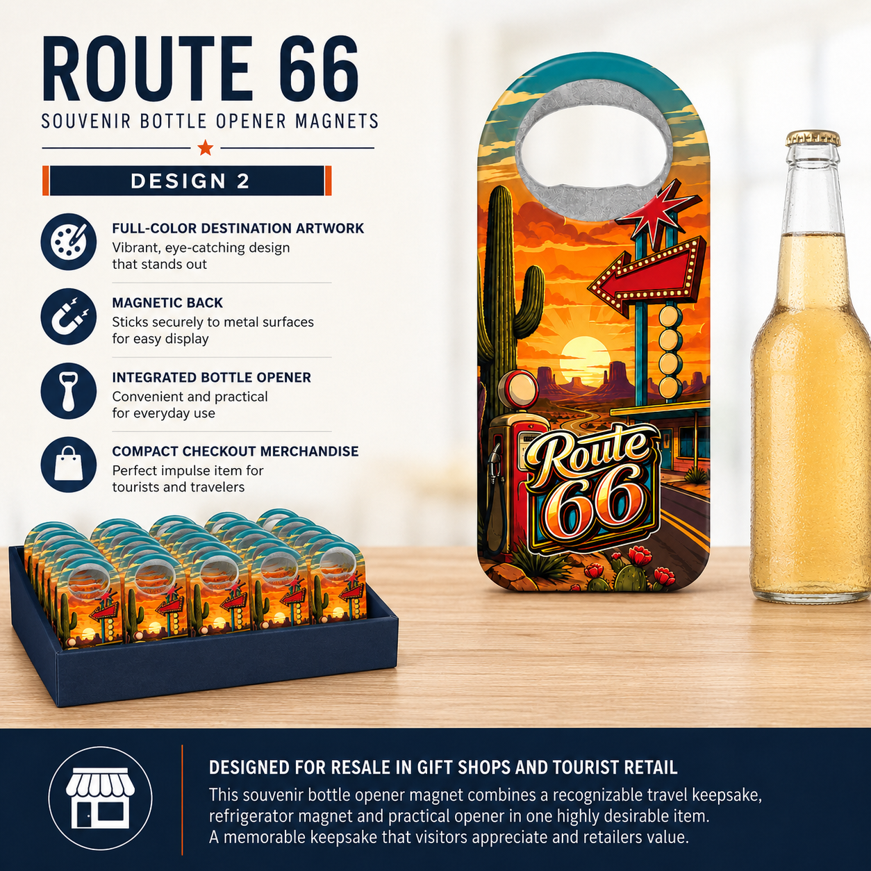 Route 66 souvenir bottle opener magnet features infographic