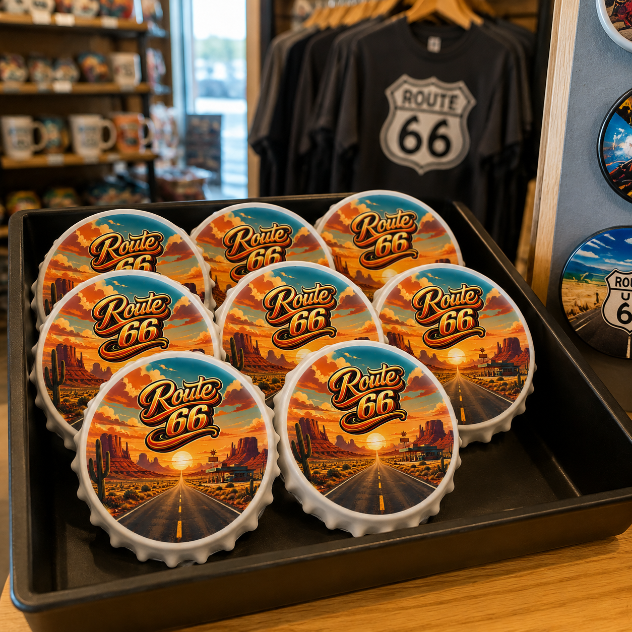 Route 66 souvenir bottle opener magnet in a retail lifestyle setting