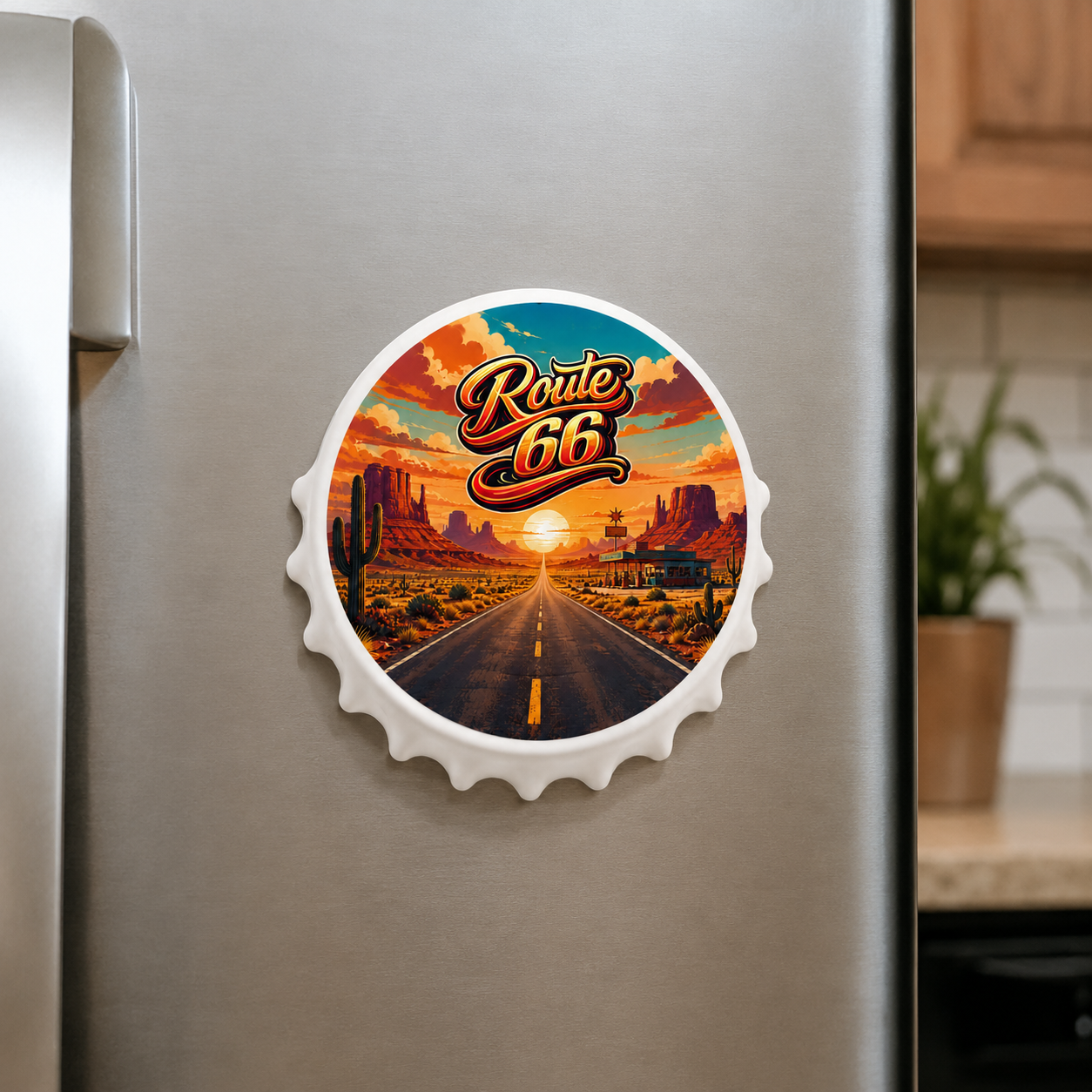 Route 66 souvenir bottle opener magnet displayed on a refrigerator