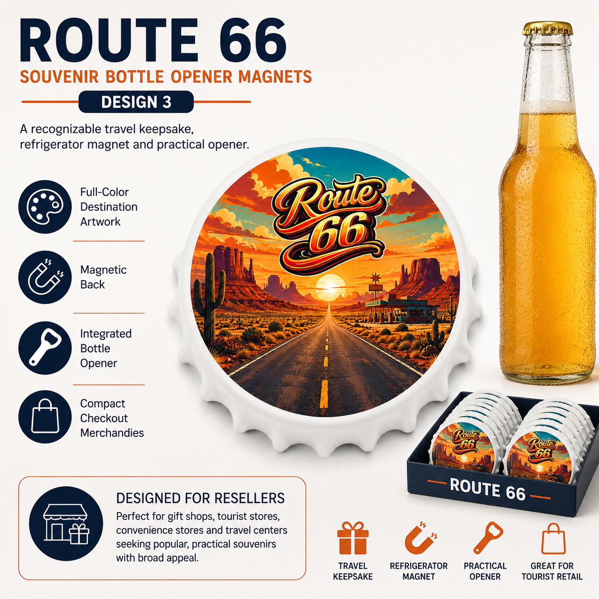 Route 66 souvenir bottle opener magnet features infographic
