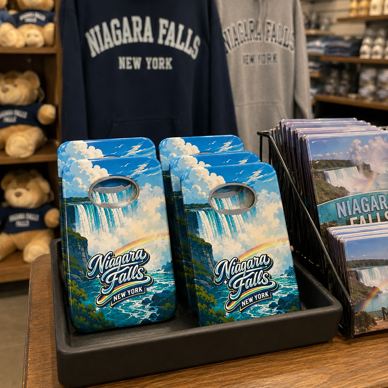 Niagara Falls souvenir bottle opener magnet in a retail lifestyle setting