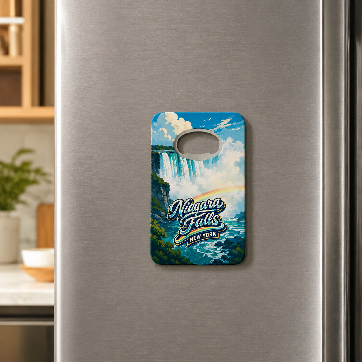 Niagara Falls souvenir bottle opener magnet displayed on a refrigerator