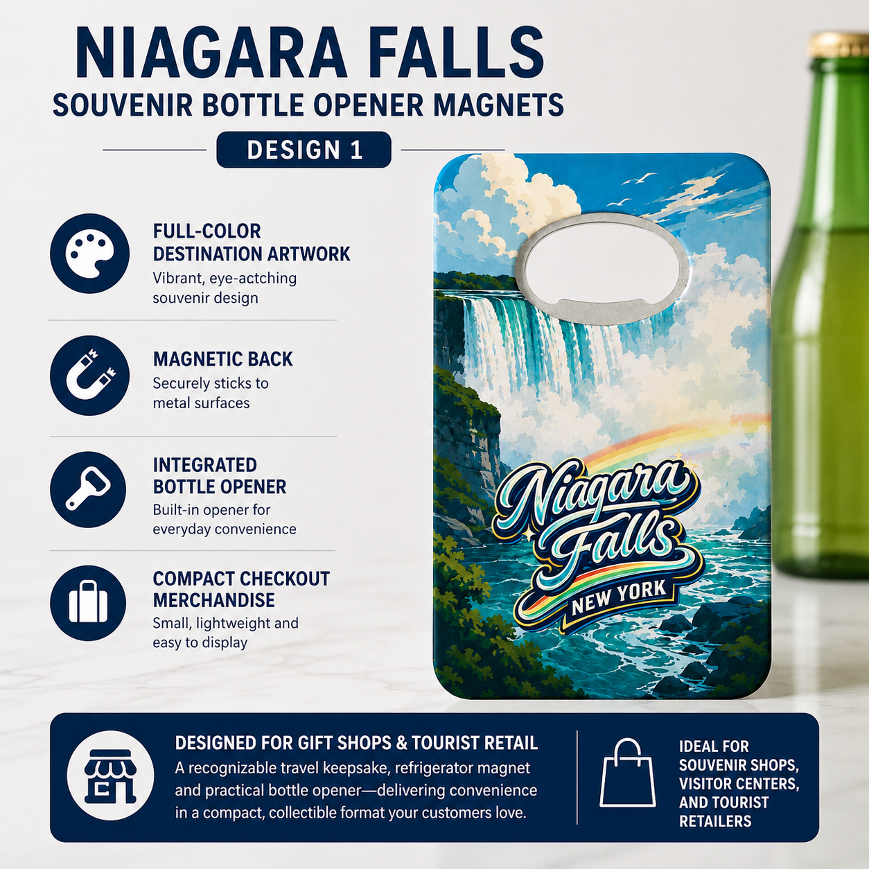Niagara Falls souvenir bottle opener magnet features infographic