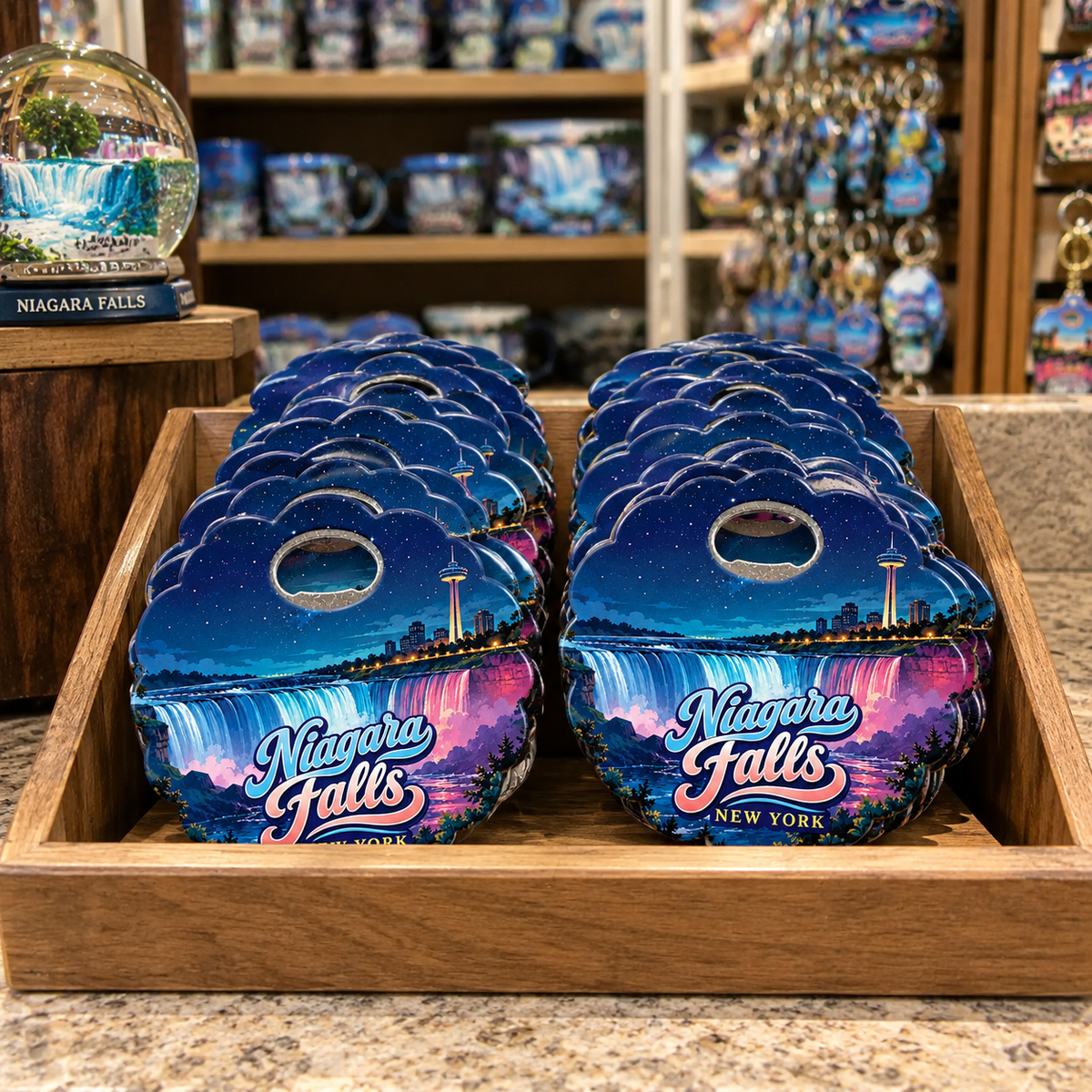 Niagara Falls souvenir bottle opener magnet in a retail lifestyle setting