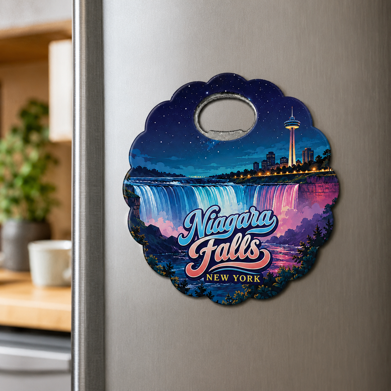 Niagara Falls souvenir bottle opener magnet displayed on a refrigerator
