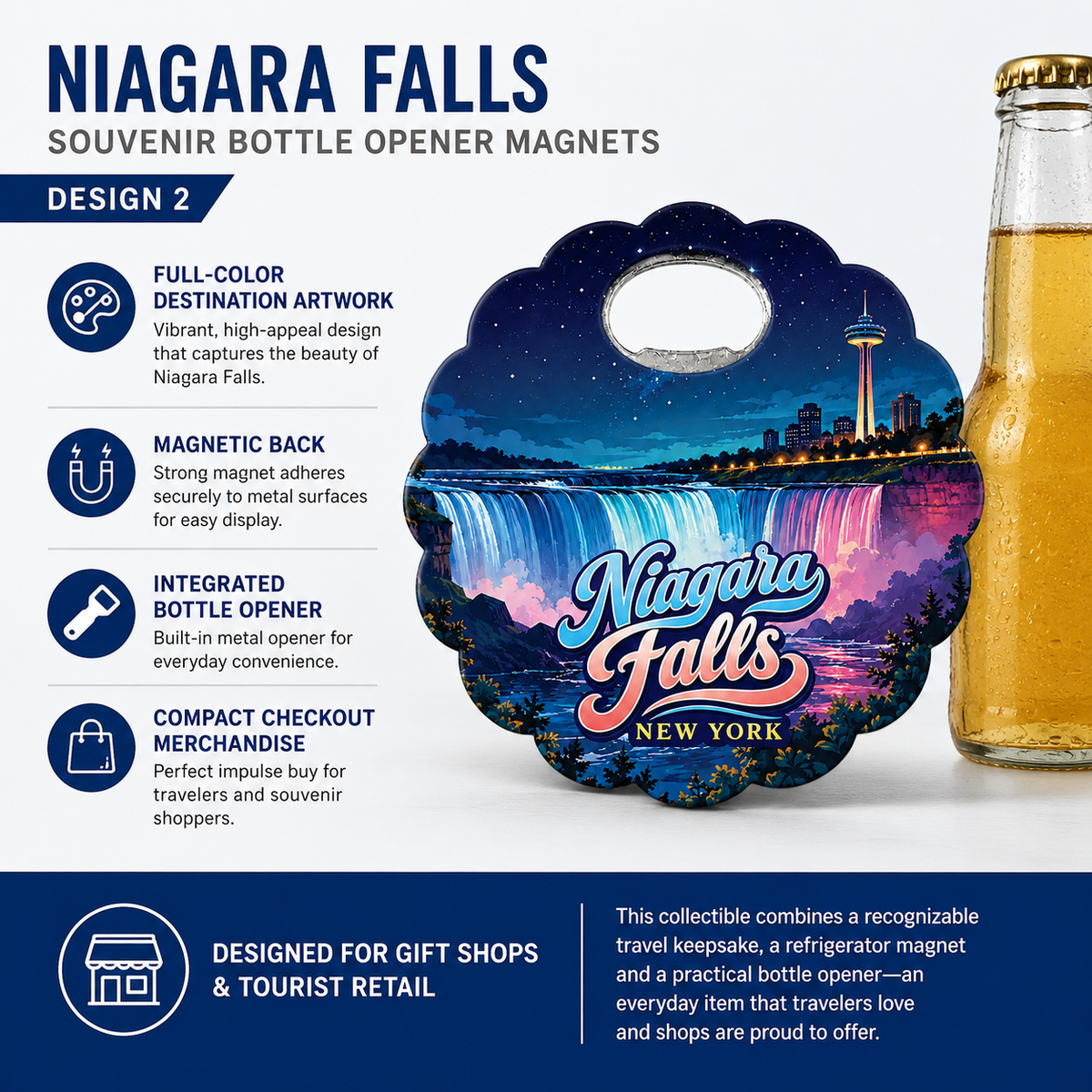 Niagara Falls souvenir bottle opener magnet features infographic