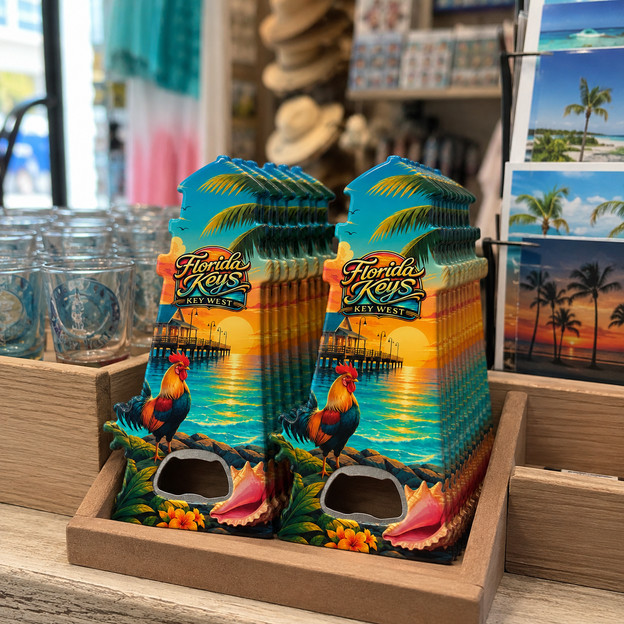 Florida Keys and Key West souvenir bottle opener magnet in a retail lifestyle setting