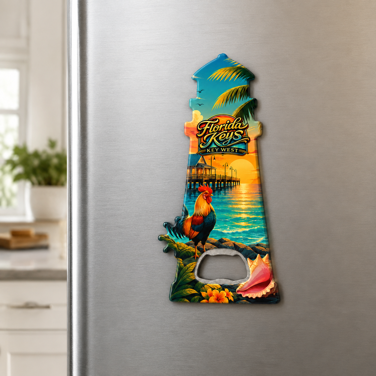 Florida Keys and Key West souvenir bottle opener magnet displayed on a refrigerator