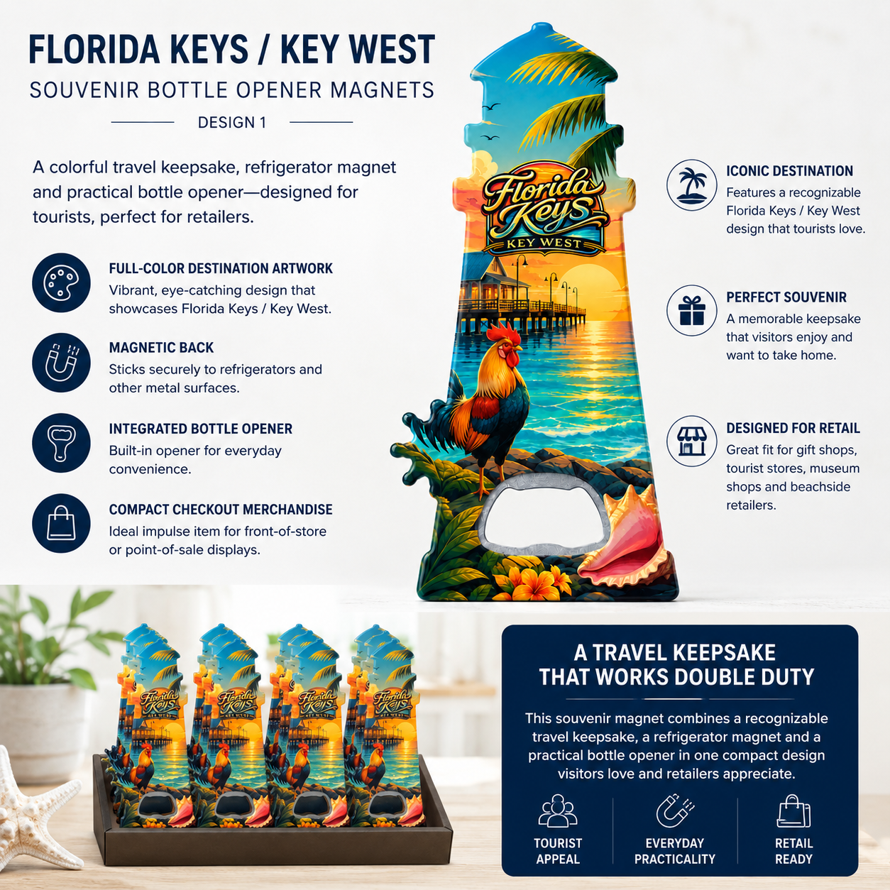 Florida Keys and Key West souvenir bottle opener magnet features infographic
