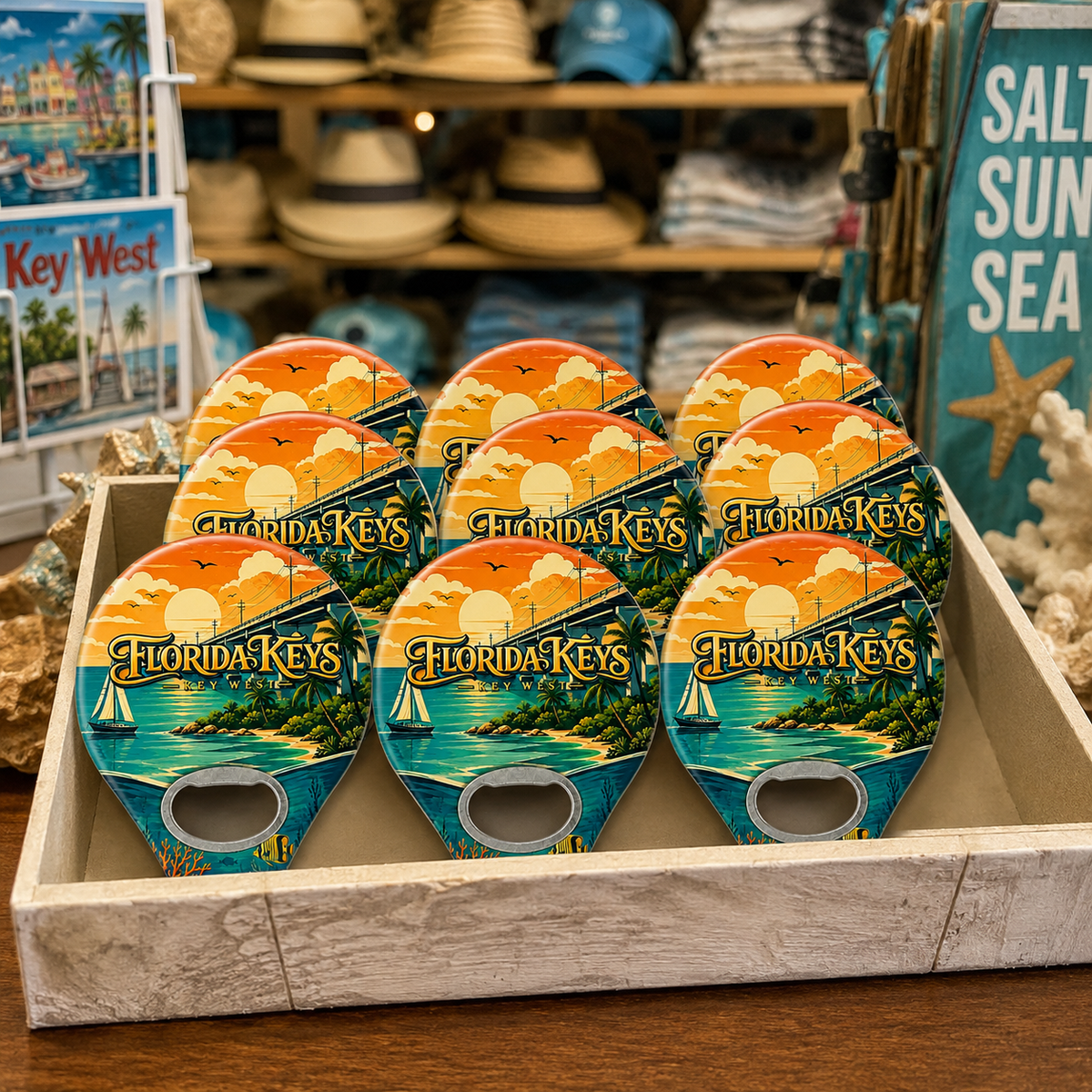 Florida Keys and Key West souvenir bottle opener magnet in a retail lifestyle setting