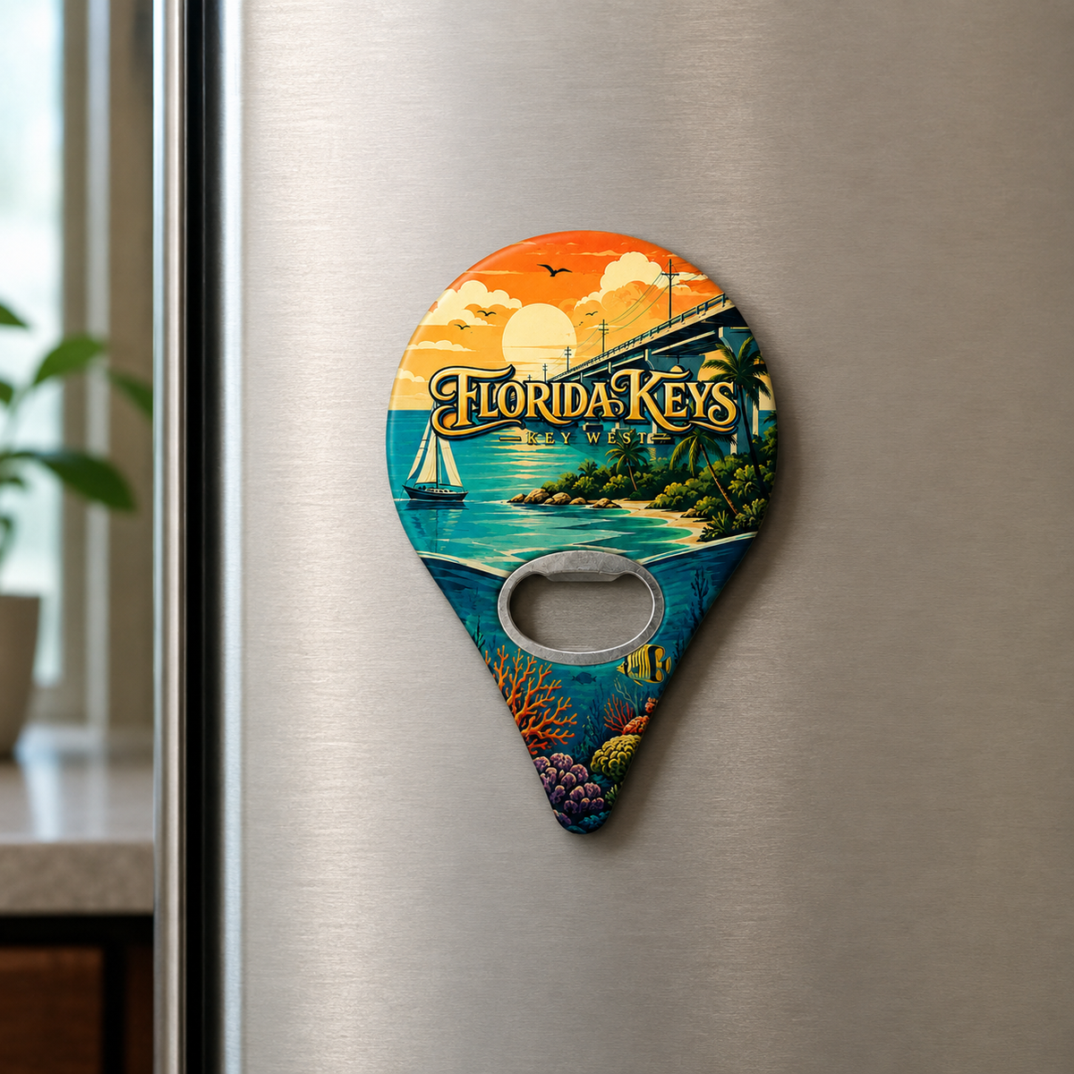 Florida Keys and Key West souvenir bottle opener magnet displayed on a refrigerator