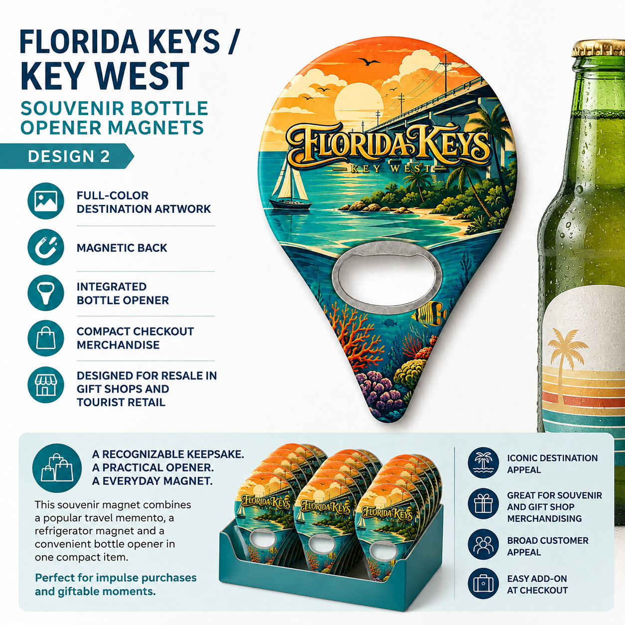 Florida Keys and Key West souvenir bottle opener magnet features infographic