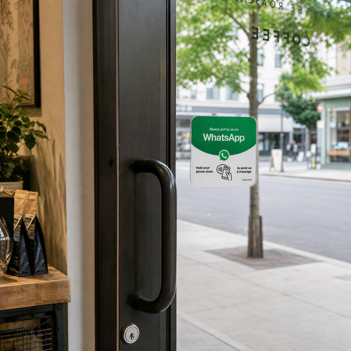WhatsApp NFC card displayed on a glass shop entrance door